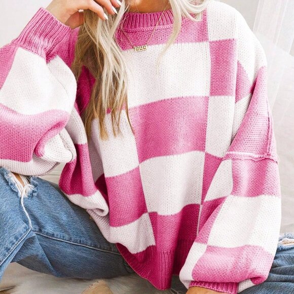 Sweaters - Hot Pink Casual Women's Checkered Elegant Sweater